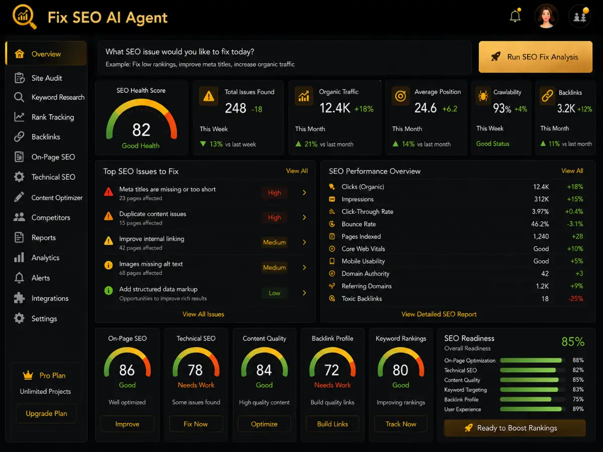 fixseo.app AI SEO repair agent app — SEO optimization dashboard preview